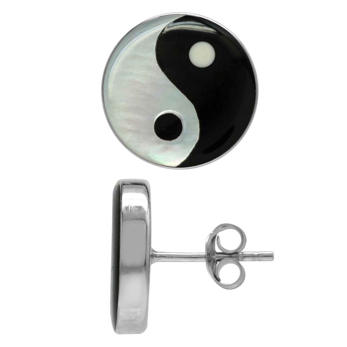 14MM White Mother Of Pearl & Created Black Onyx 925 Sterling Silver Yin Yang Stud Earrings