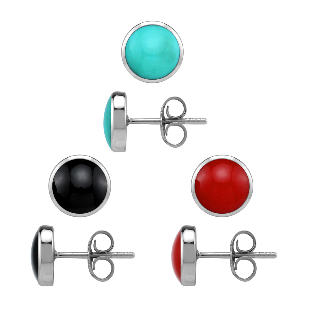 7MM 3-Pair Set Created Green Turquoise, Black Onyx and Red Coral White Gold Plated 925 Sterling Silver Stud Earrings Jewelry for Women - Silvershake-store