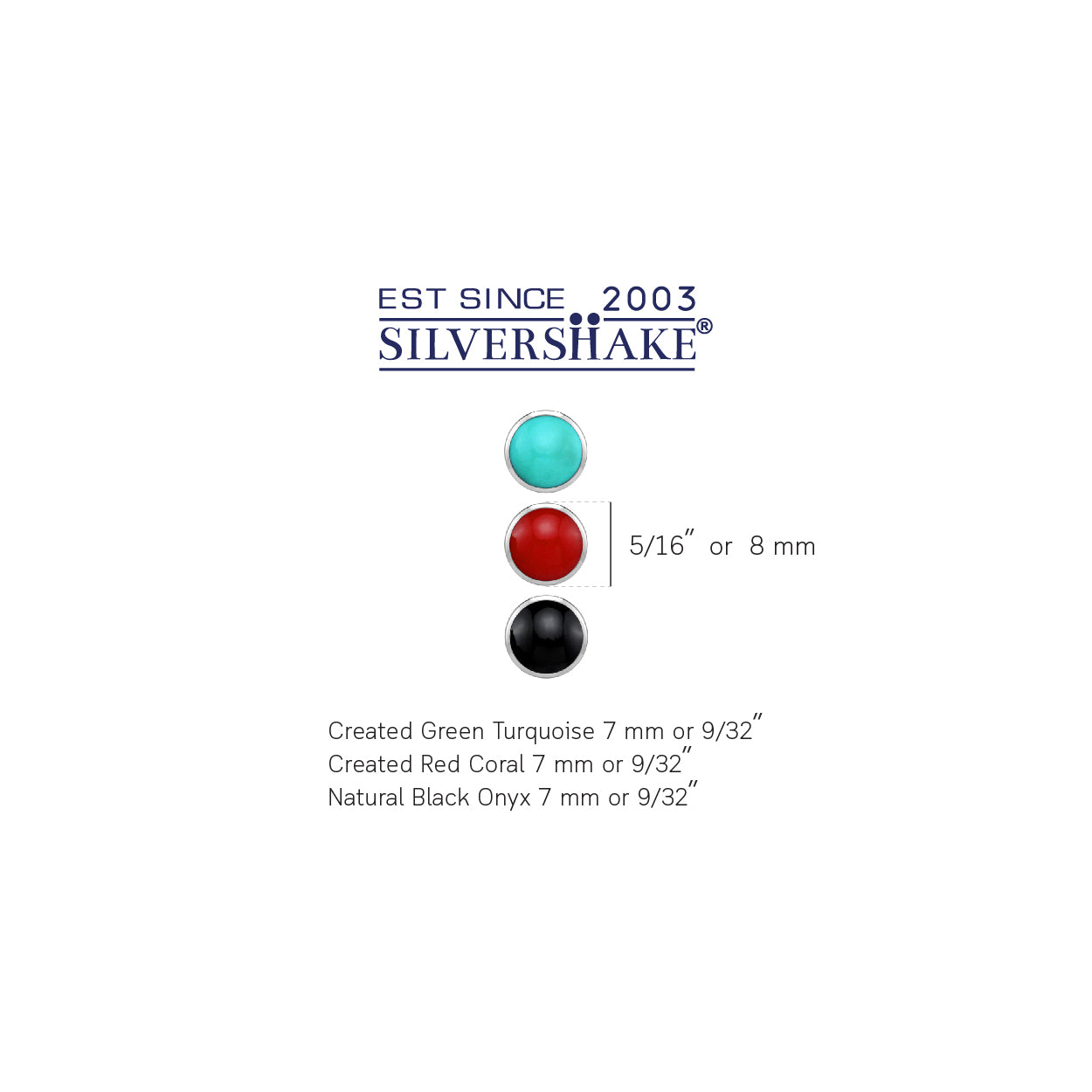 7MM 3-Pair Set Created Green Turquoise, Black Onyx and Red Coral White Gold Plated 925 Sterling Silver Stud Earrings Jewelry for Women - Silvershake-store