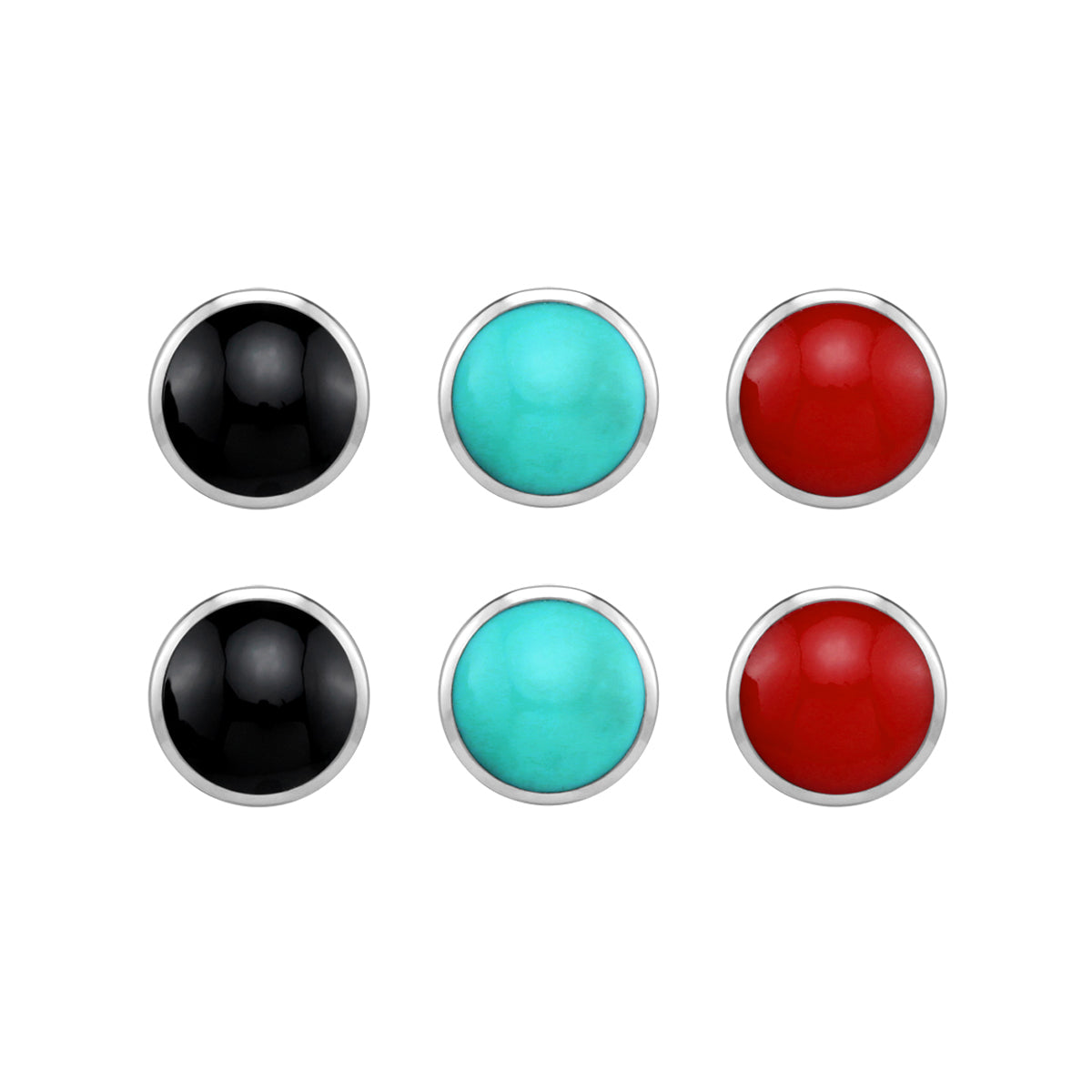 7MM 3-Pair Set Created Green Turquoise, Black Onyx and Red Coral White Gold Plated 925 Sterling Silver Stud Earrings Jewelry for Women - Silvershake-store