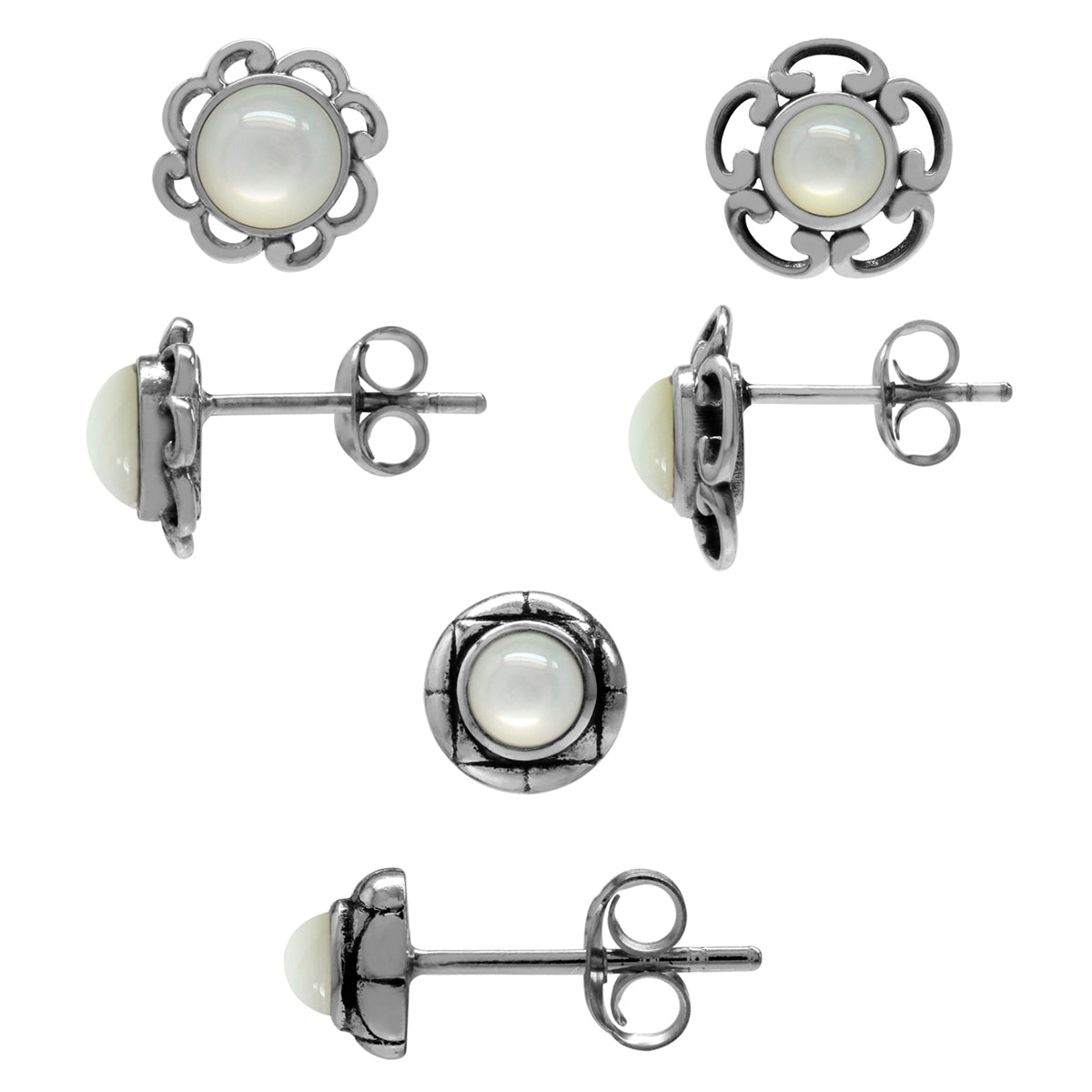 3-Pair Set White Mother Of Pearl 925 Sterling Silver Flower Stud/Post Earrings