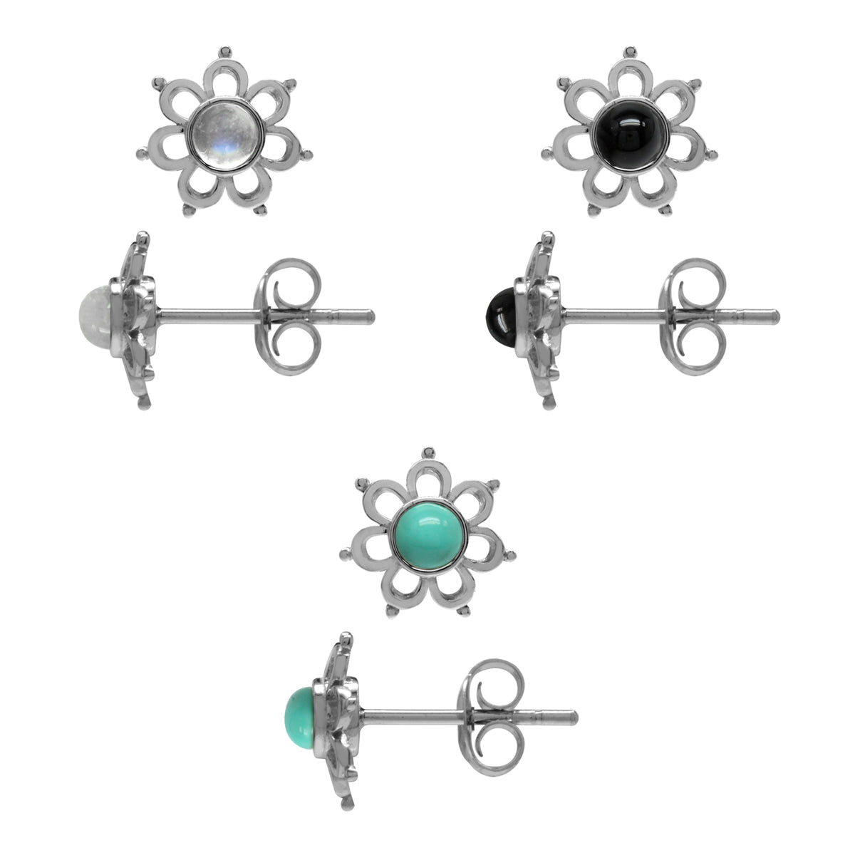 Petite 3-Pair Set Moonstone, Created Onyx & Green Turquoise 925 Sterling Silver Flower Stud Earrings