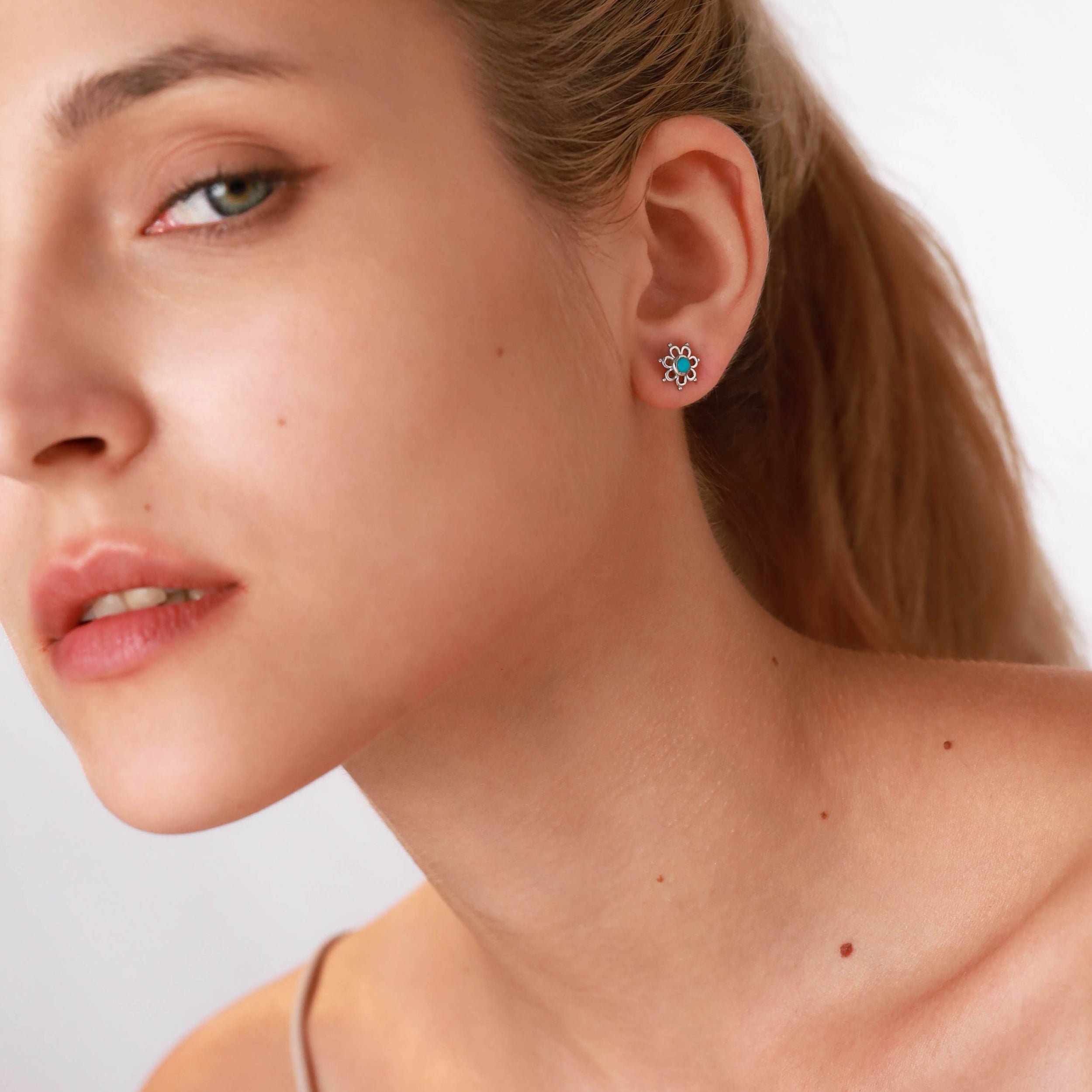 Petite 3-Pair Set Moonstone, Created Onyx & Green Turquoise 925 Sterling Silver Flower Stud Earrings