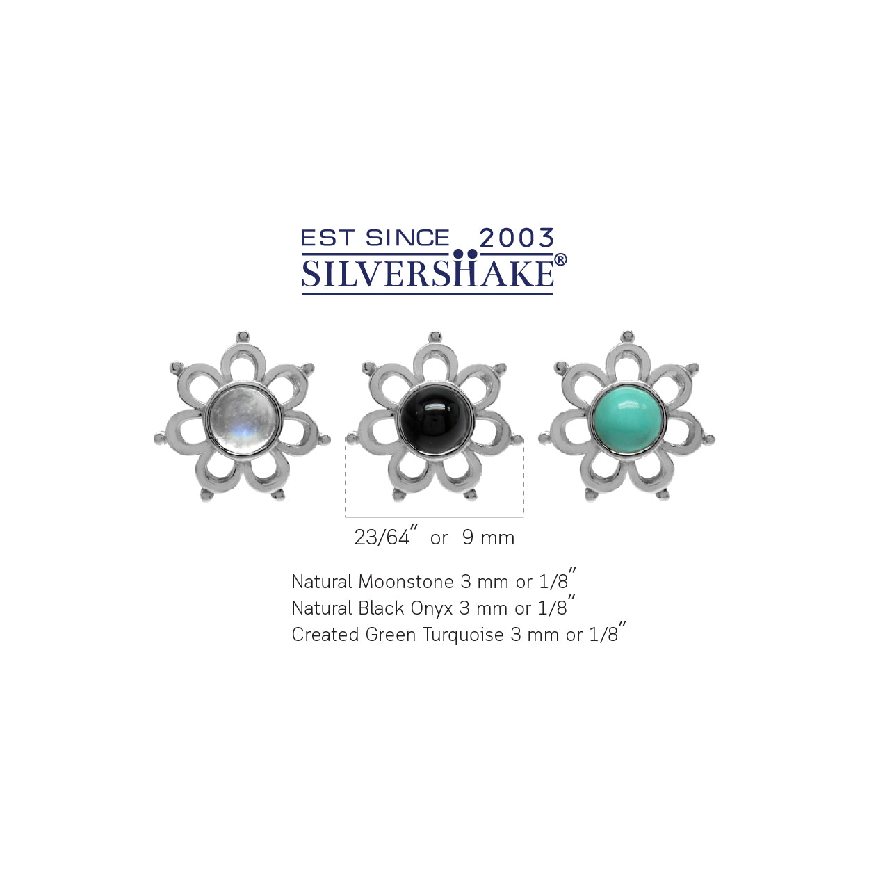 Petite 3-Pair Set Moonstone, Created Onyx & Green Turquoise 925 Sterling Silver Flower Stud Earrings