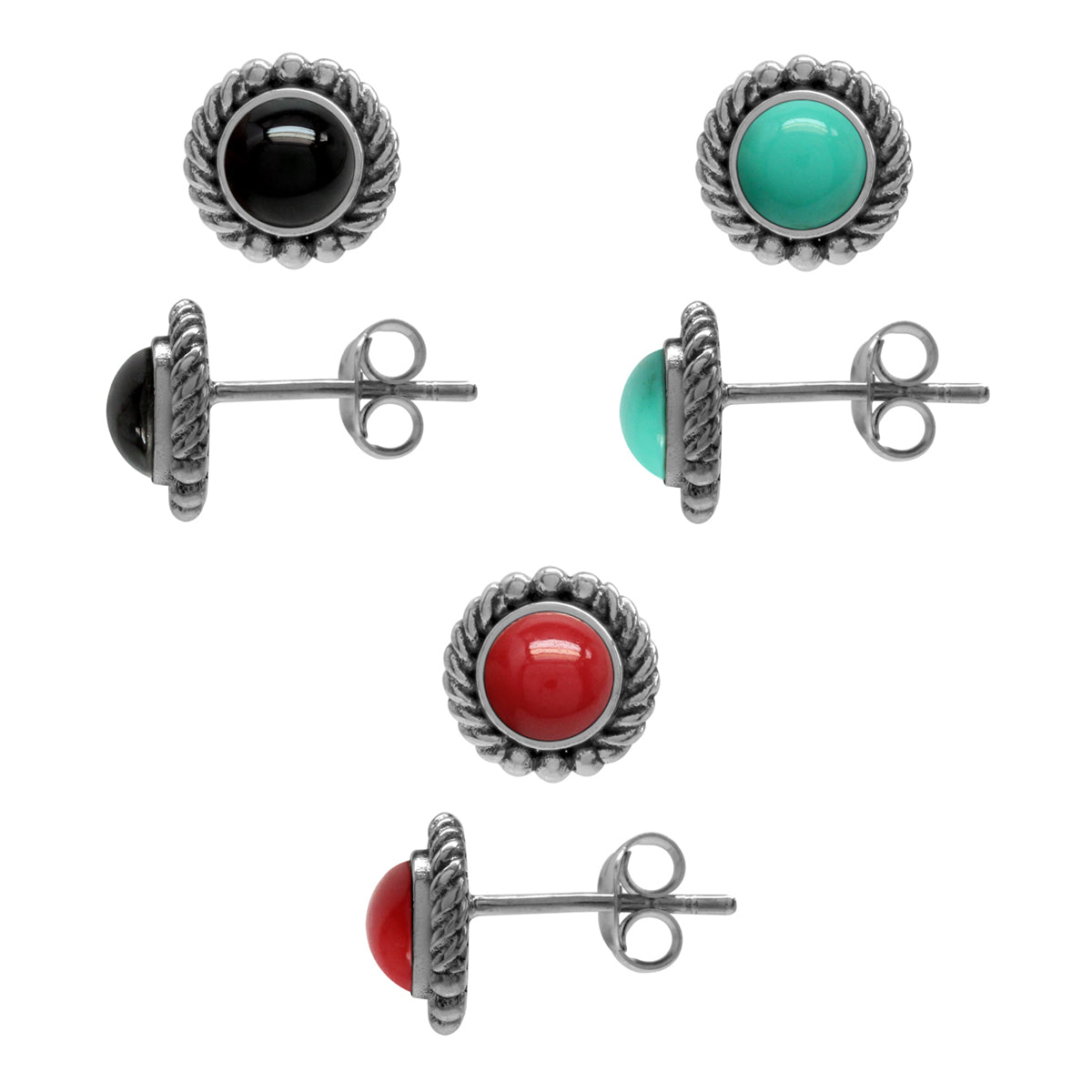 3-Pair Set Created Black Onyx, Green Turquoise & Red Coral 925 Sterling Silver Rope Stud Earrings