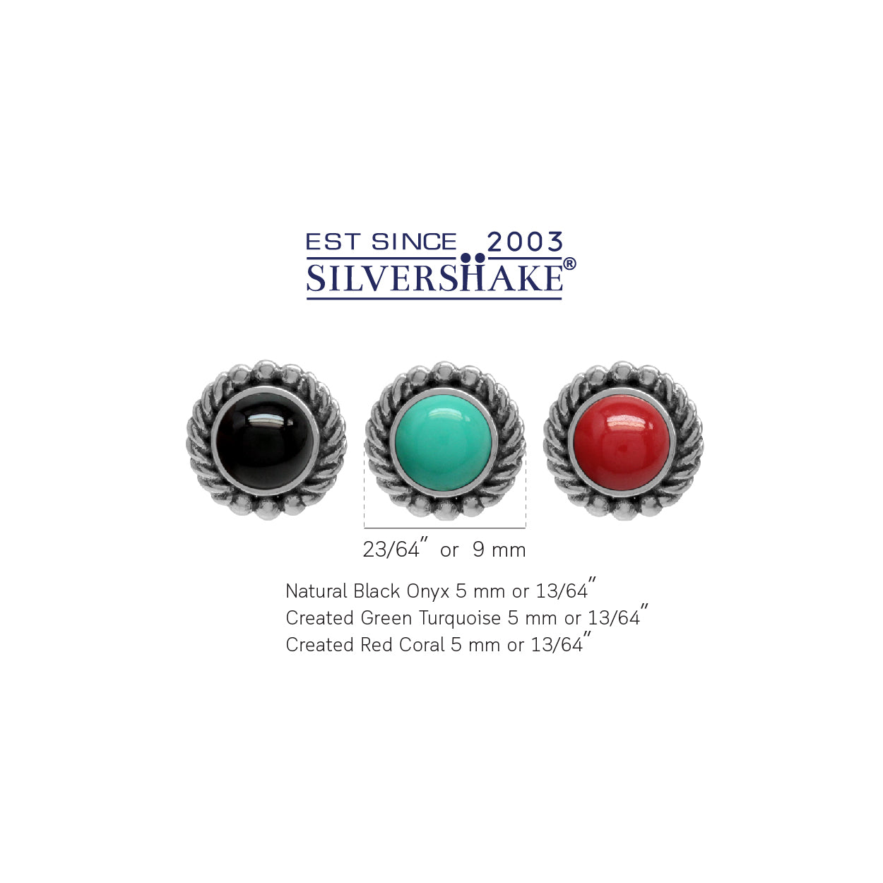 3-Pair Set Created Black Onyx, Green Turquoise & Red Coral 925 Sterling Silver Rope Stud Earrings