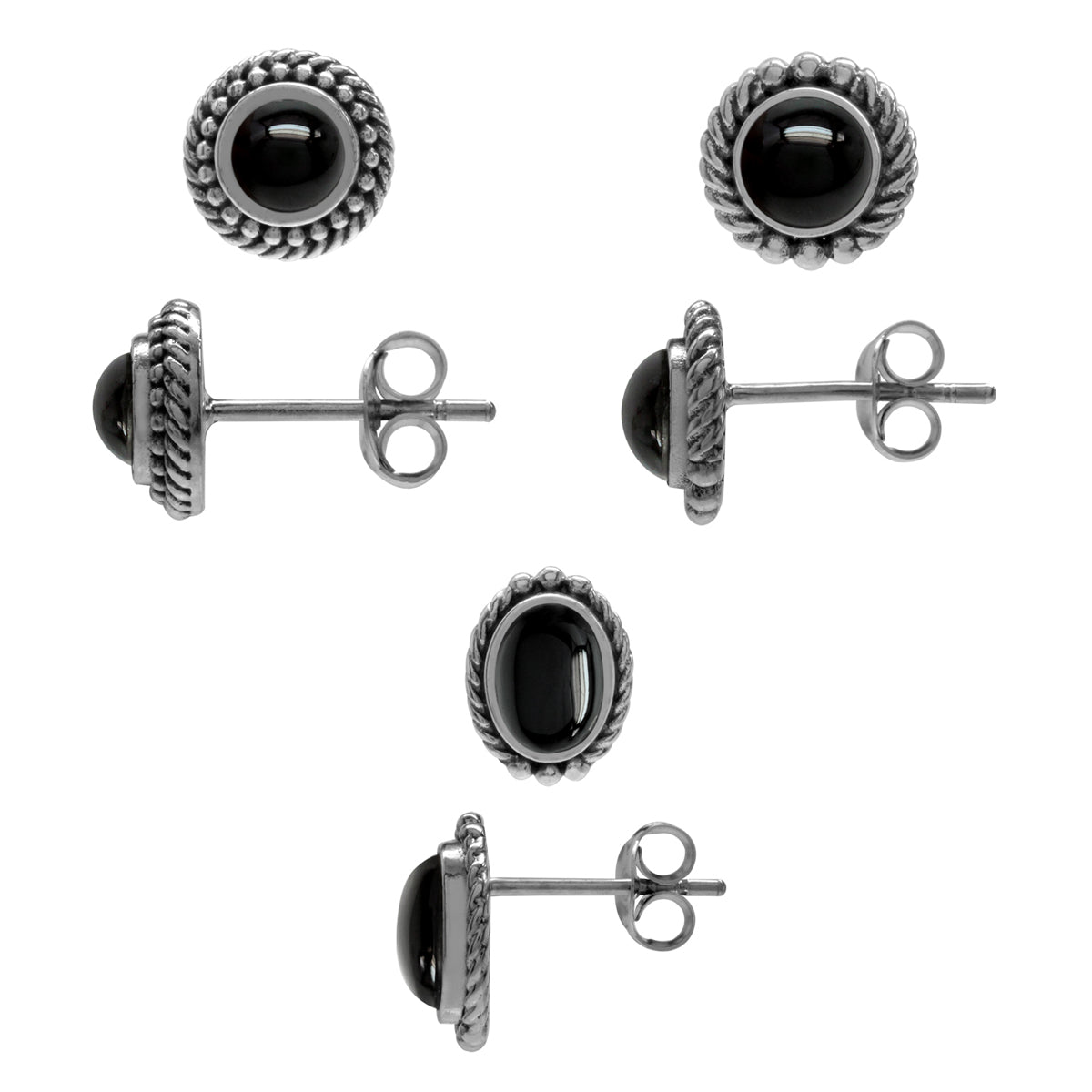 3-Pair Set Created Onyx Gold Plated 925 Sterling Silver Rope Balinese Style Stud/Post Earrings