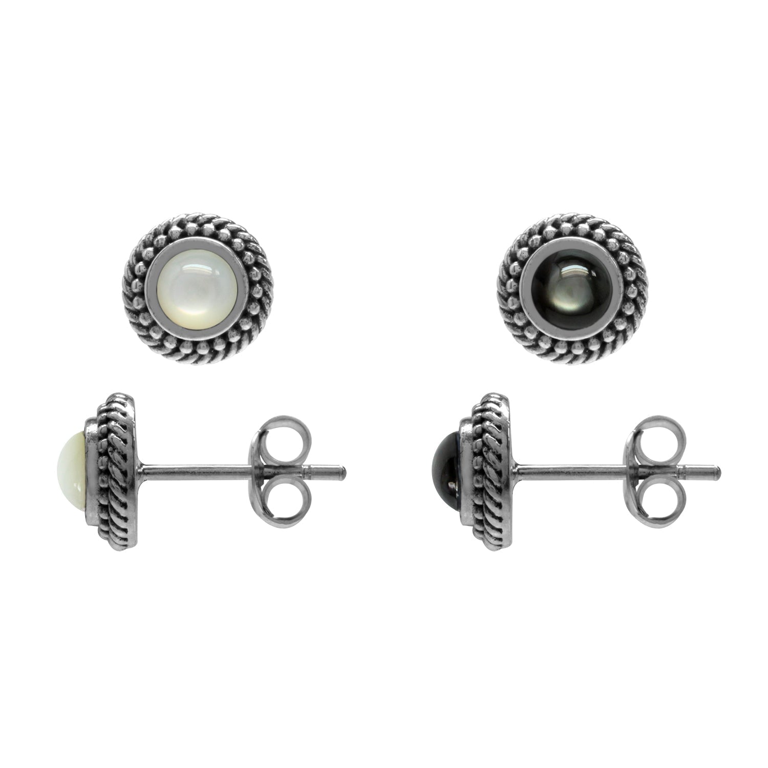 2 Pair Set White and Black Mother of Pearl 925 Sterling Silver Rope Balinese Style Stud Earrings - Silvershake-store