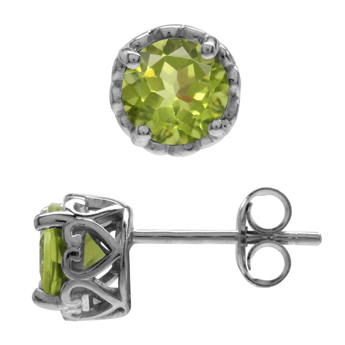 6mm Round Natural Peridot White Gold Plated 925 Sterling Silver Victorian Style Stud Post Earrings - Silvershake-store
