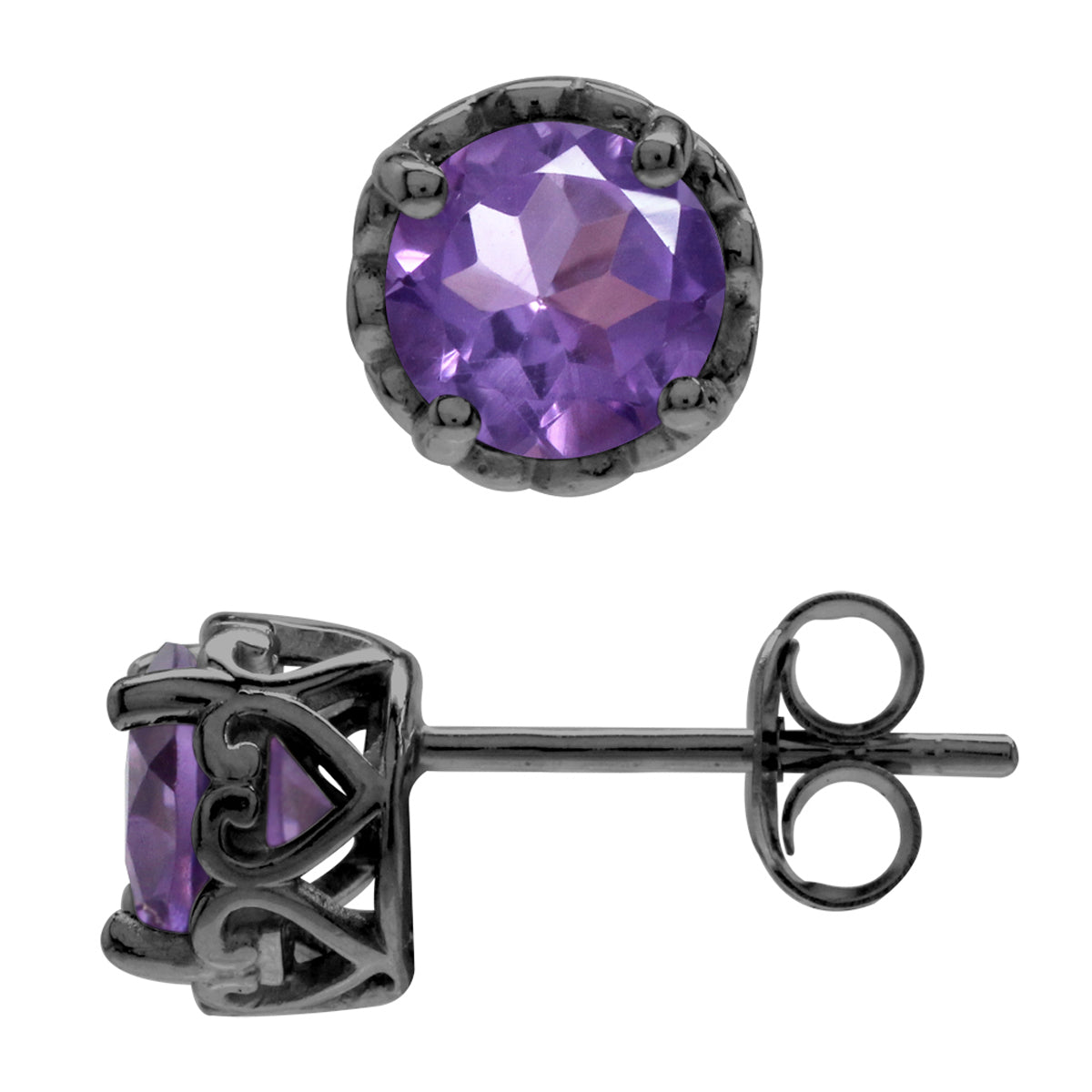 6mm Round Natural Amethyst Black Rhodium Plated 925 Sterling Silver Victorian Style Stud Earrings - Silvershake-store