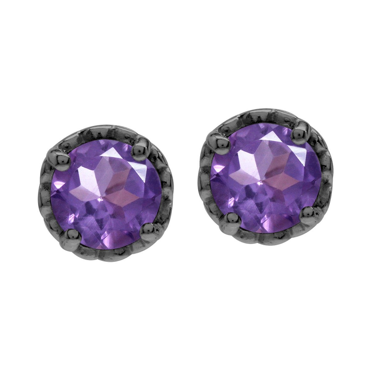 6mm Round Natural Amethyst Black Rhodium Plated 925 Sterling Silver Victorian Style Stud Earrings - Silvershake-store