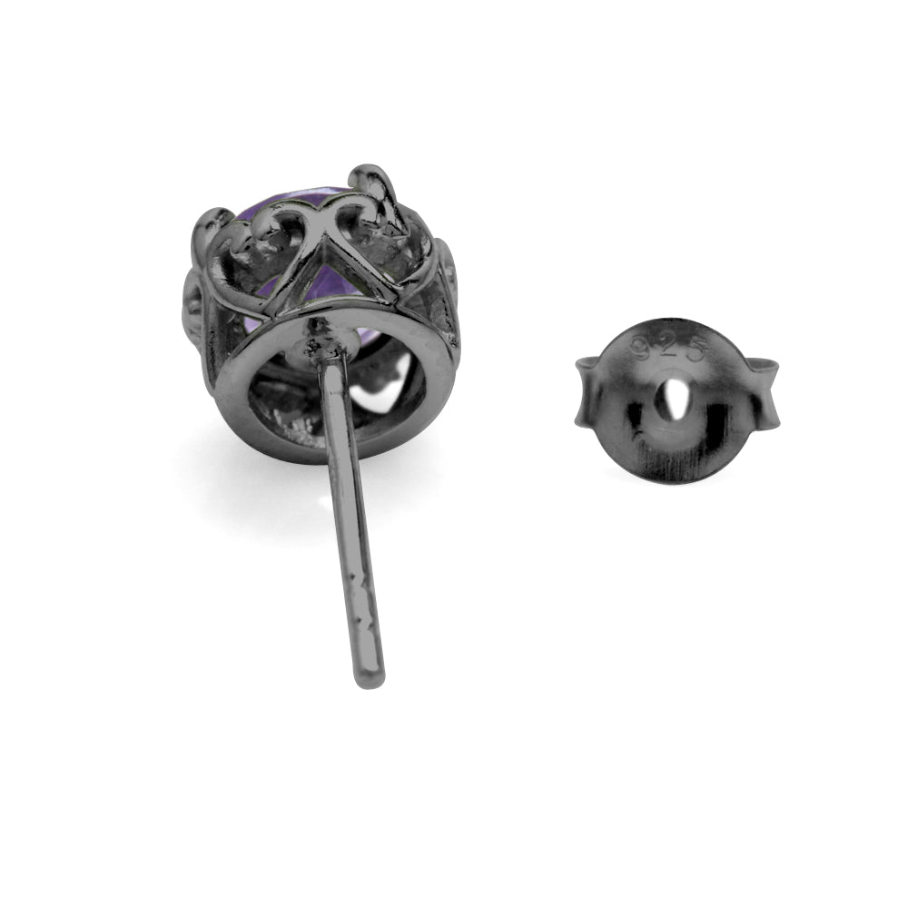 6mm Round Natural Amethyst Black Rhodium Plated 925 Sterling Silver Victorian Style Stud Earrings - Silvershake-store