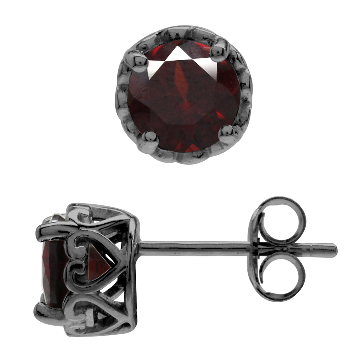6mm Round Natural Garnet Black Rhodium Plated 925 Sterling Silver Victorian Style Stud Post Earrings - Silvershake-store