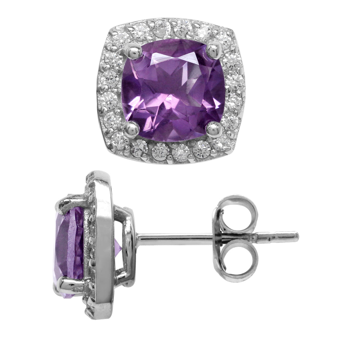 2.66ct. 7mm Cushion Cut Natural Amethyst Gold Plated 925 Sterling Silver Halo Stud Earrings - Silvershake-store