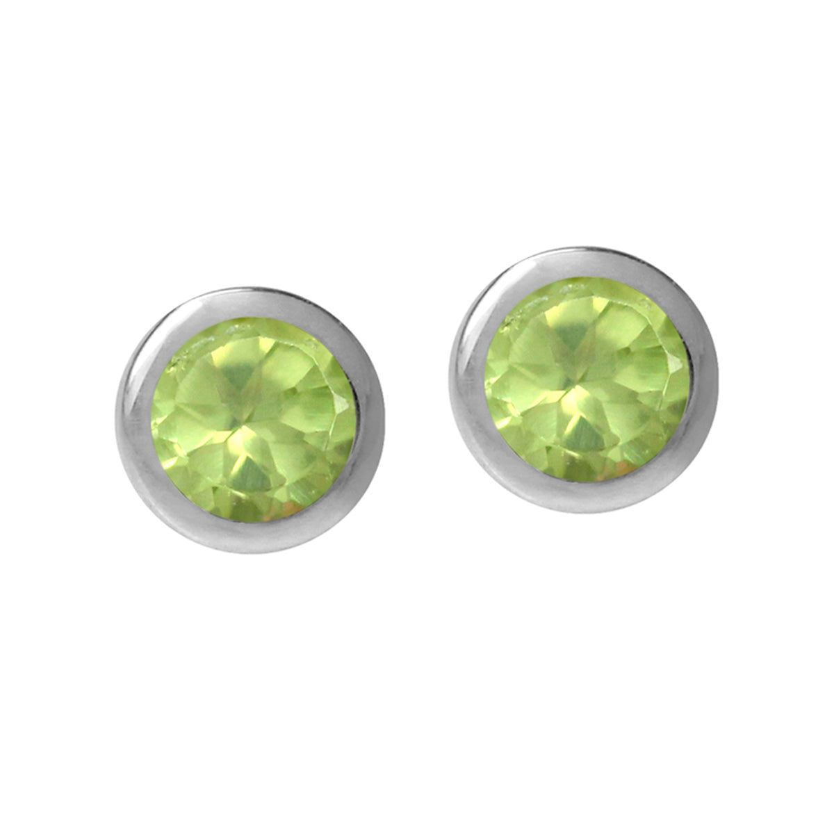 4mm Petite Natural Round Shape Peridot White Gold Plated 925 Sterling Silver Bezel Set Stud Earrings - Silvershake-store