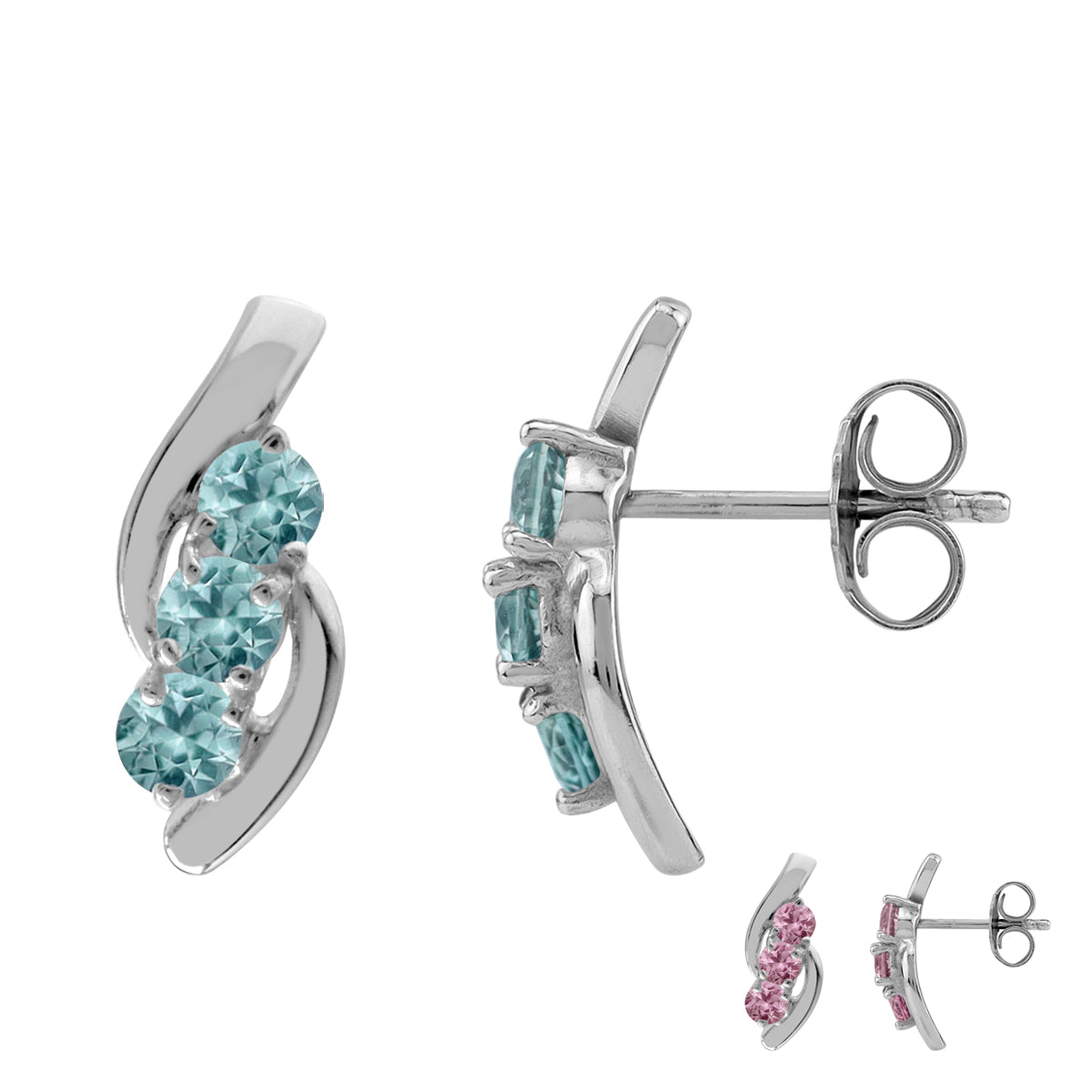 3 Stone Simulated Color Change Alexandrite White Gold Plated 925 Sterling Silver Stud Earrings - Silvershake-store