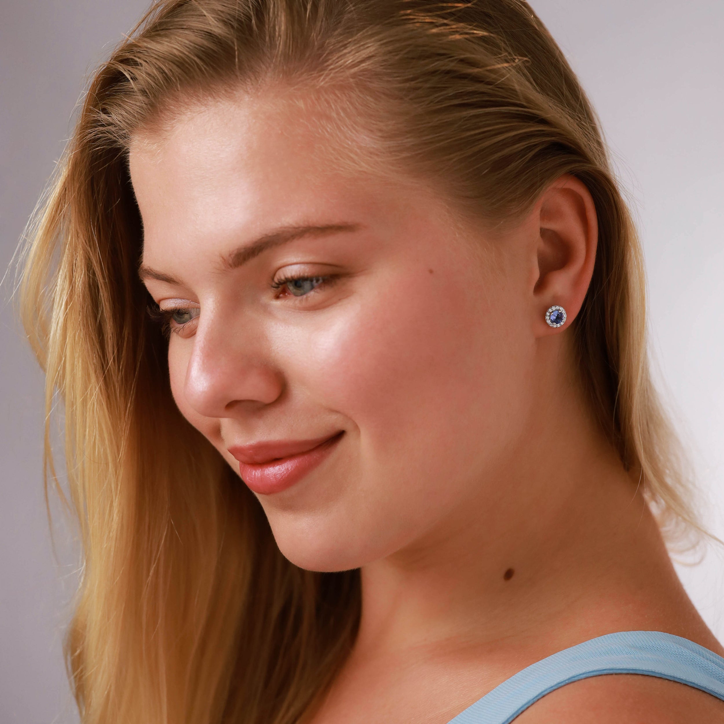 5MM Genuine Tanzanite & White CZ Gold Plated 925 Sterling Silver Halo Stud Earrings