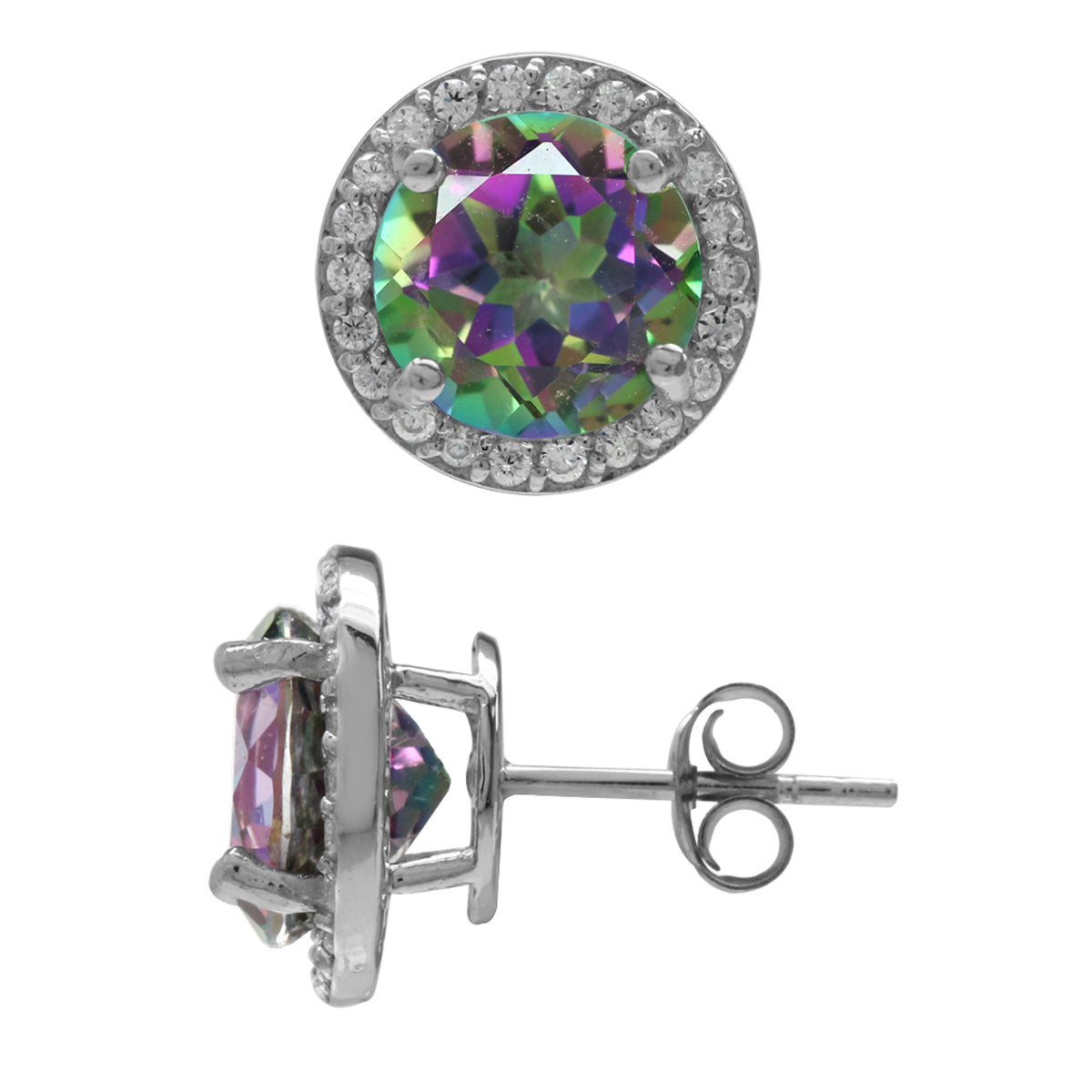 6.42ct. 9MM Round Shape Mystic Fire Topaz 925 Sterling Silver Halo Stud Earrings