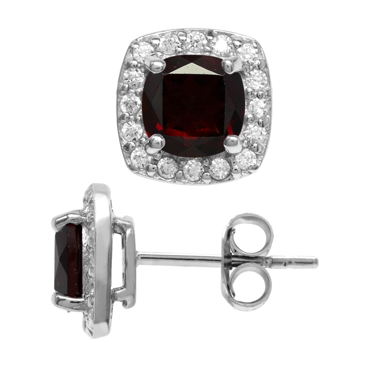 2.52ct. 6mm Natural Cushion Shape Garnet 925 Sterling Silver Halo Stud Earrings