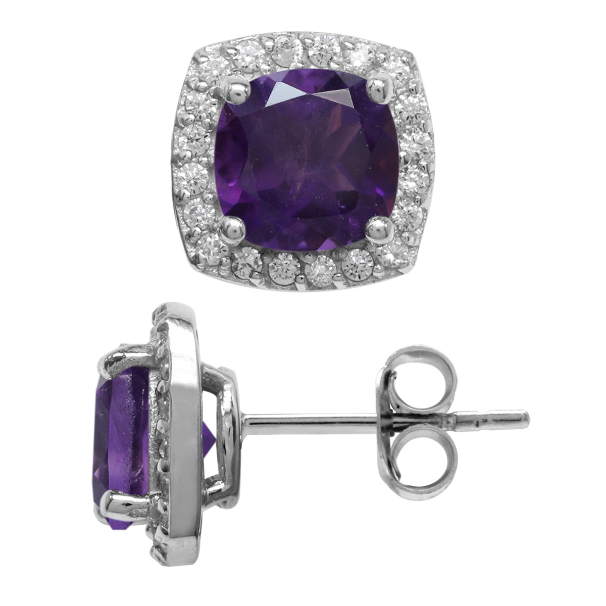 2.82ct. 7mm Natural Cushion Shape African Amethyst 925 Sterling Silver Halo Stud Earrings - Silvershake-store