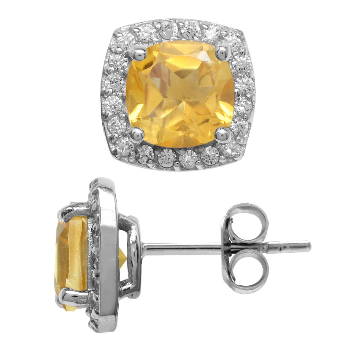 2.68ct. 7mm Natural Cushion Shape Citrine 925 Sterling Silver Halo Stud Earrings - Silvershake-store