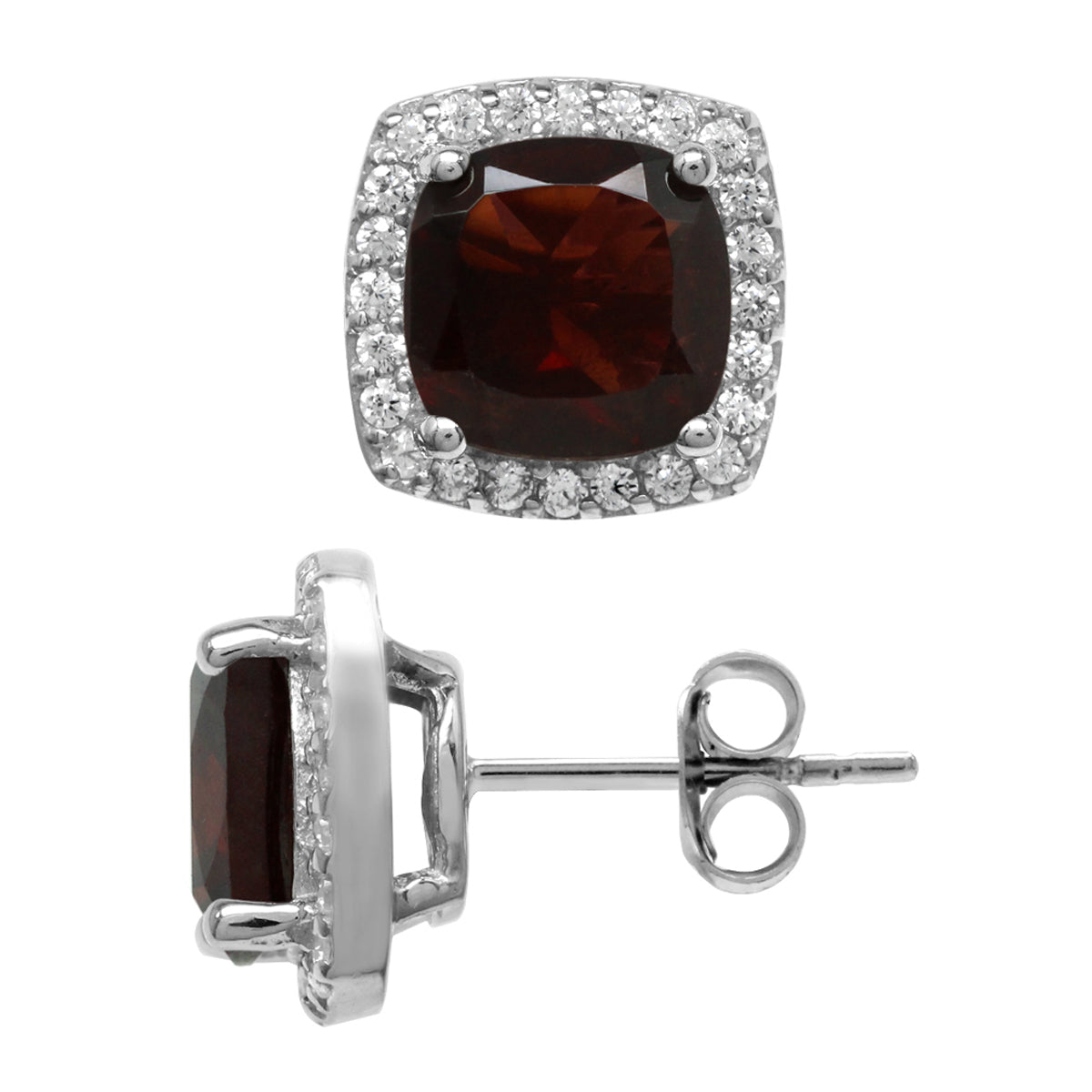 4.94ct. 8mm Natural Cushion Shape Garnet White Gold Plated 925 Sterling Silver Halo Stud Earrings