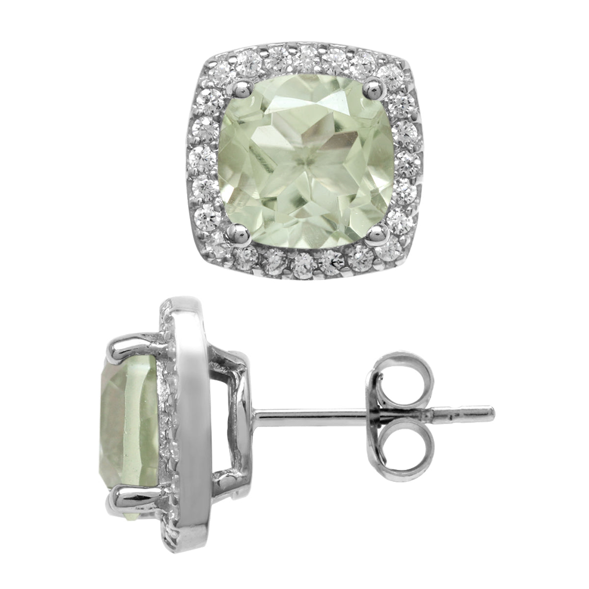 4.12ct. 8mm Natural Cushion Shape Green Amethyst 925 Sterling Silver Halo Stud Earrings