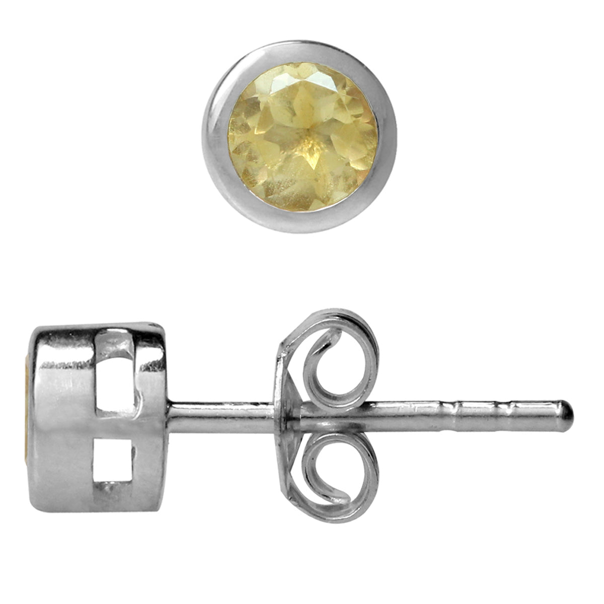 4mm Petite Natural Round Shape Citrine White Gold Plated 925 Sterling Silver Bezel Set Stud Earrings - Silvershake-store