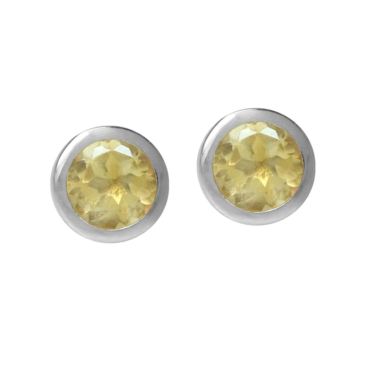 4mm Petite Natural Round Shape Citrine White Gold Plated 925 Sterling Silver Bezel Set Stud Earrings - Silvershake-store
