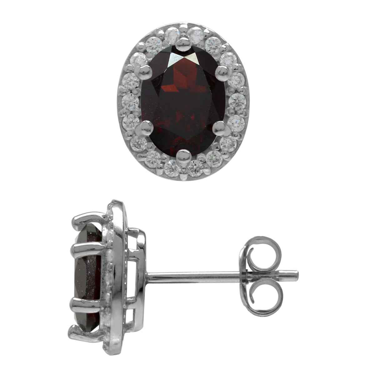 2.9ct. 8X6mm Natural Oval Shape Garnet White Gold Plated 925 Sterling Silver Halo Stud Earrings