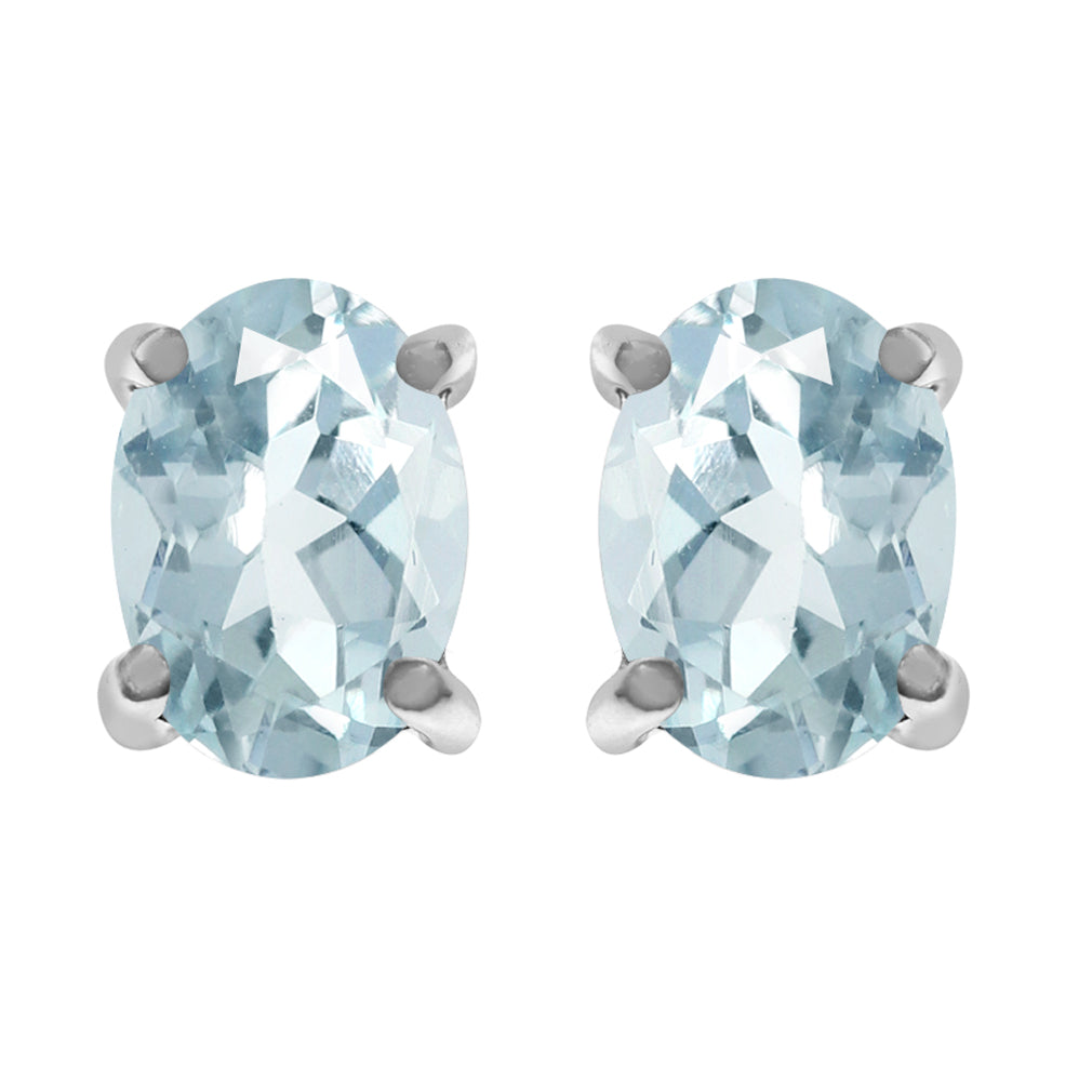 1.32ct. 7X5mm Genuine Oval Shape Light Blue Aquamarine White Gold Plated 925 Sterling Silver Stud Earrings