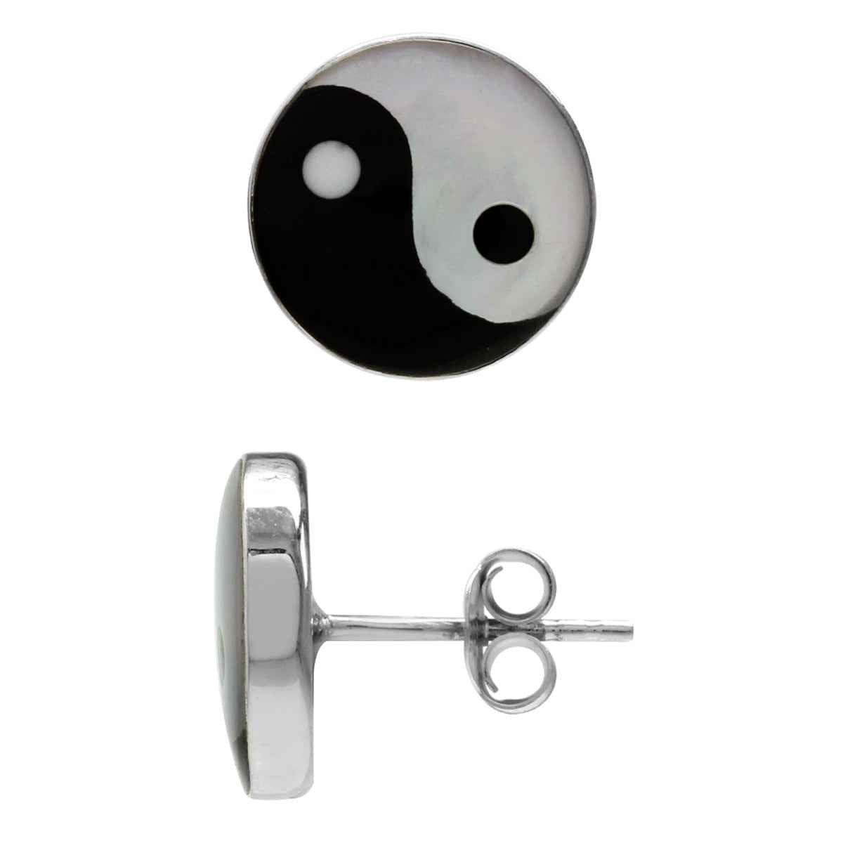 12mm White Mother of Pearl and Created Black Onyx 925 Sterling Silver Yin Yang Stud Earrings