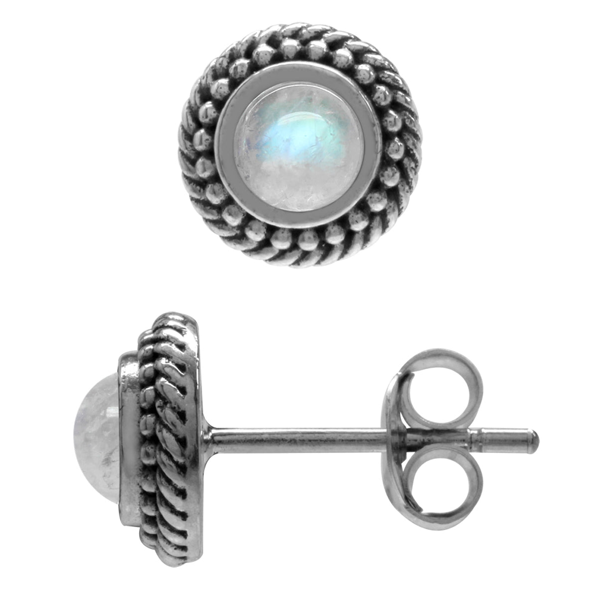 Natural Moonstone 925 Sterling Silver Rope Balinese Style Stud Earrings