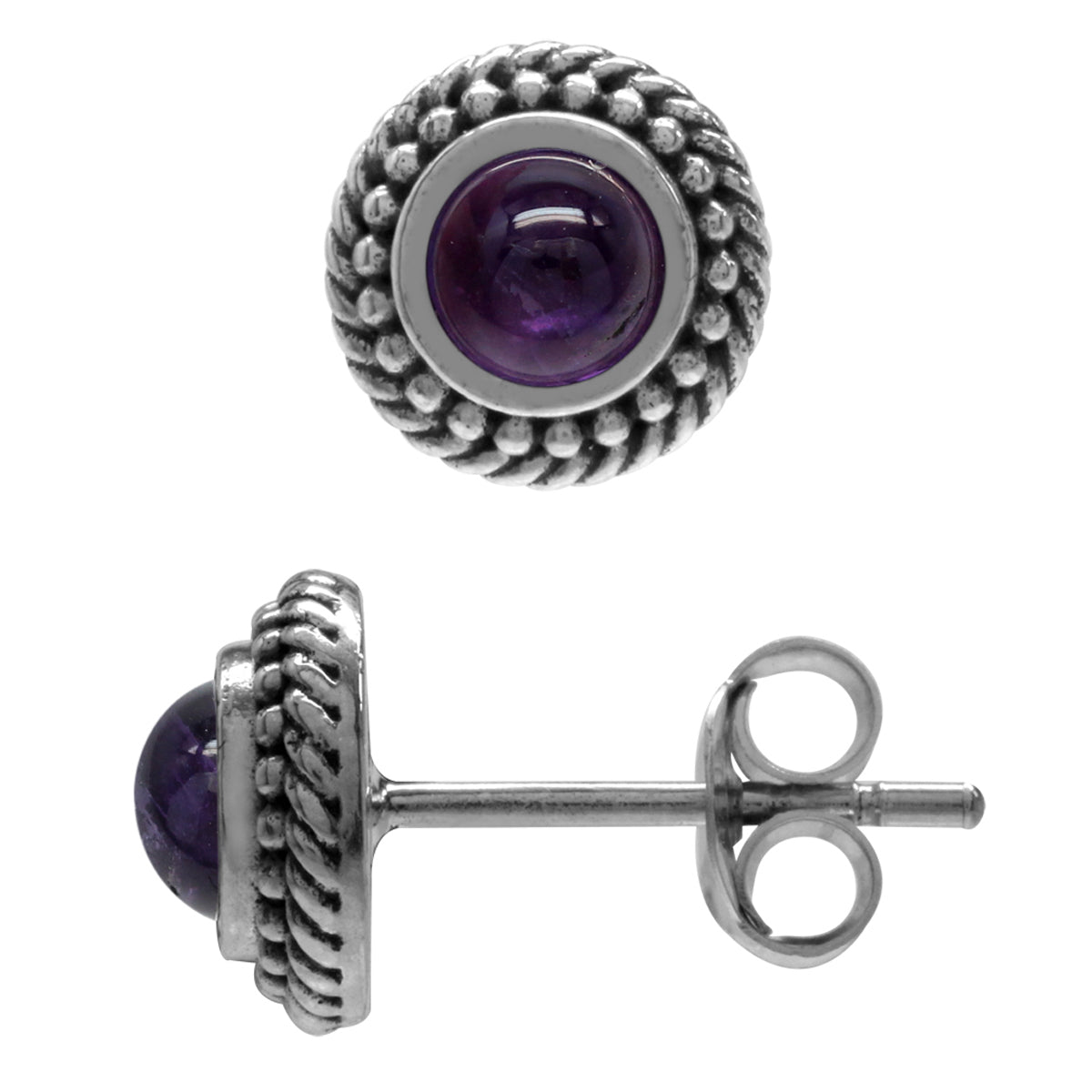 Cabochon Amethyst 925 Sterling Silver Rope Balinese Style Stud Earrings