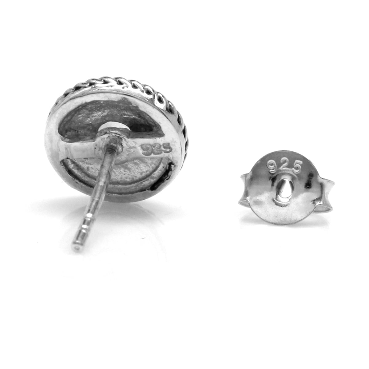 Cabochon Amethyst 925 Sterling Silver Rope Balinese Style Stud Earrings