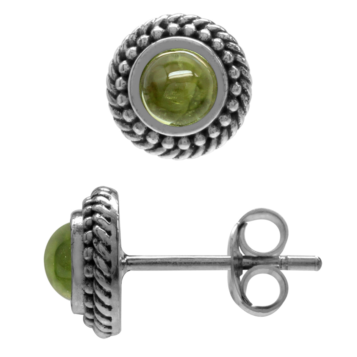 Cabochon Peridot 925 Sterling Silver Rope Balinese Style Stud Earrings