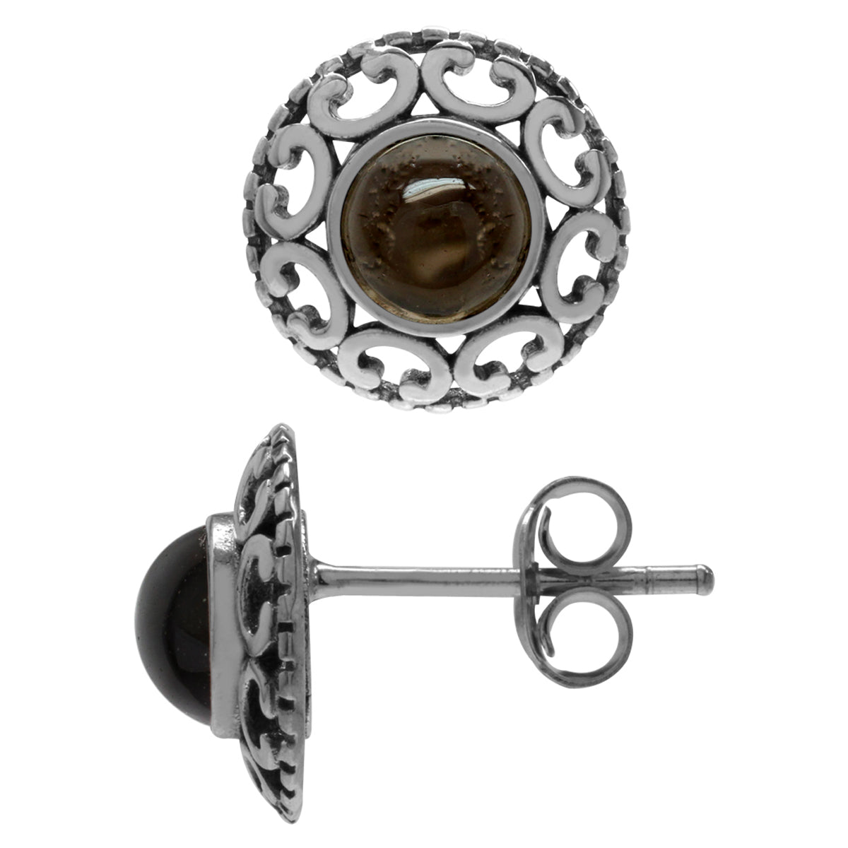Cabochon Smoky Quartz 925 Sterling Silver Filigree Stud Post Earrings