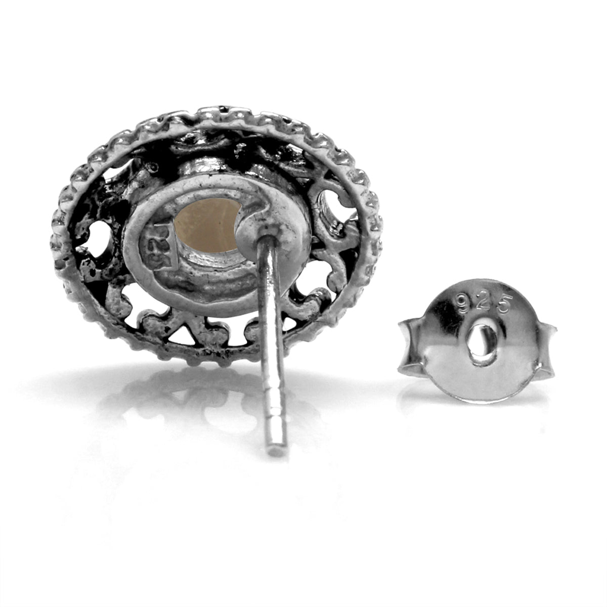 Cabochon Smoky Quartz 925 Sterling Silver Filigree Stud Post Earrings