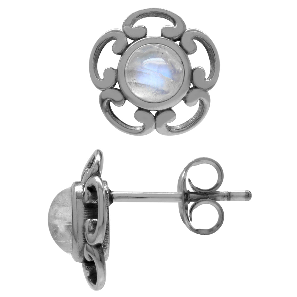 Natural Moonstone 925 Sterling Silver Filigree Flower Stud Post Earrings