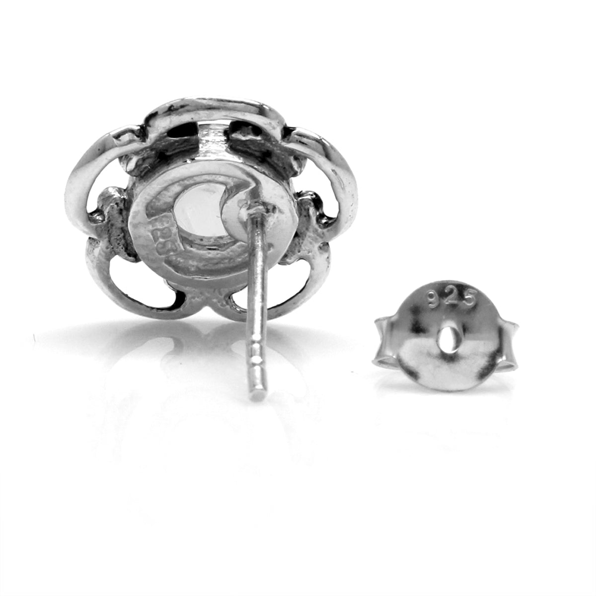 Natural Moonstone 925 Sterling Silver Filigree Flower Stud Post Earrings