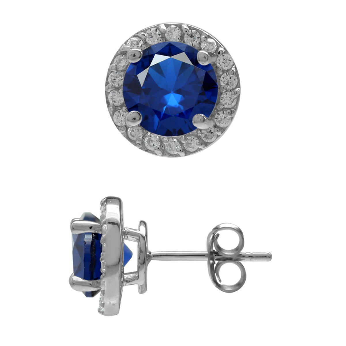 7MM Round Shape Synthetic Sapphire Blue & White CZ 925 Sterling Silver Halo Stud Earrings