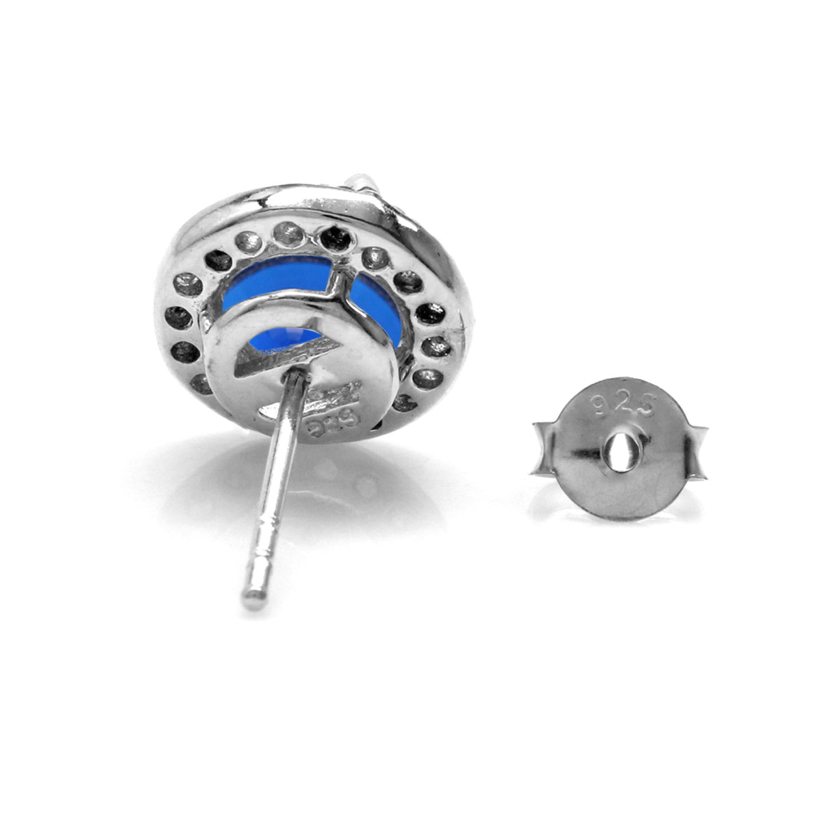 7MM Round Shape Synthetic Sapphire Blue & White CZ 925 Sterling Silver Halo Stud Earrings