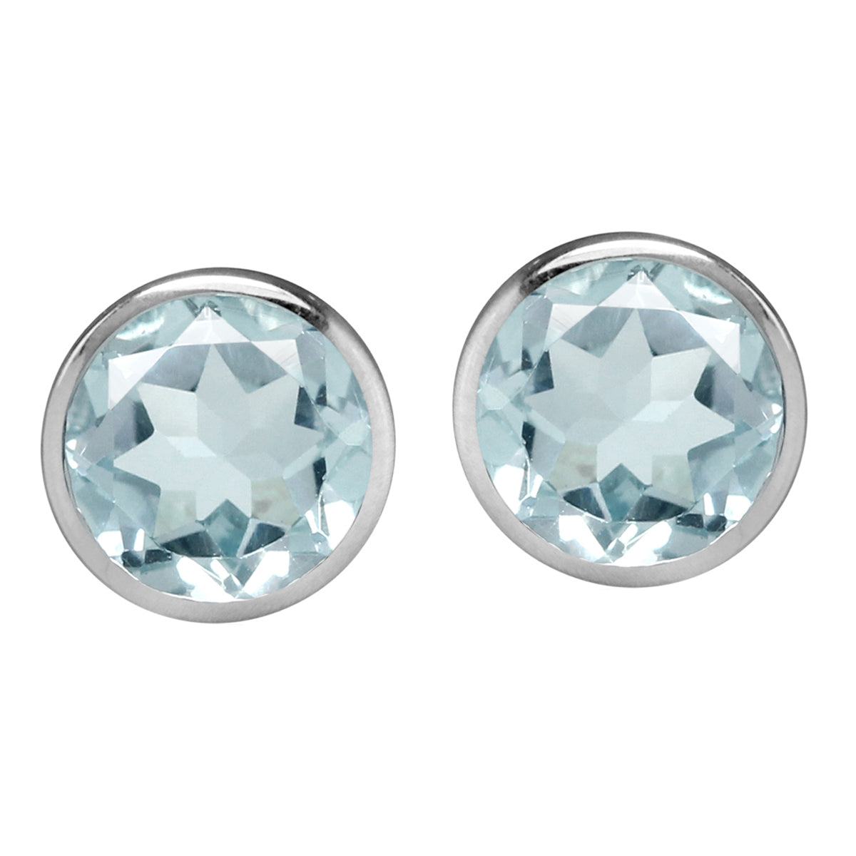 1.34ct. 6mm Genuine Round Shape Blue Aquamarine White Gold Plated 925 Sterling Silver Stud Earrings
