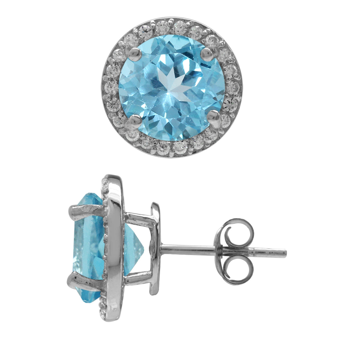 6.72ct. 9MM Genuine Round Swiss Blue Topaz White Gold Plated 925 Sterling Silver Halo Stud Earrings