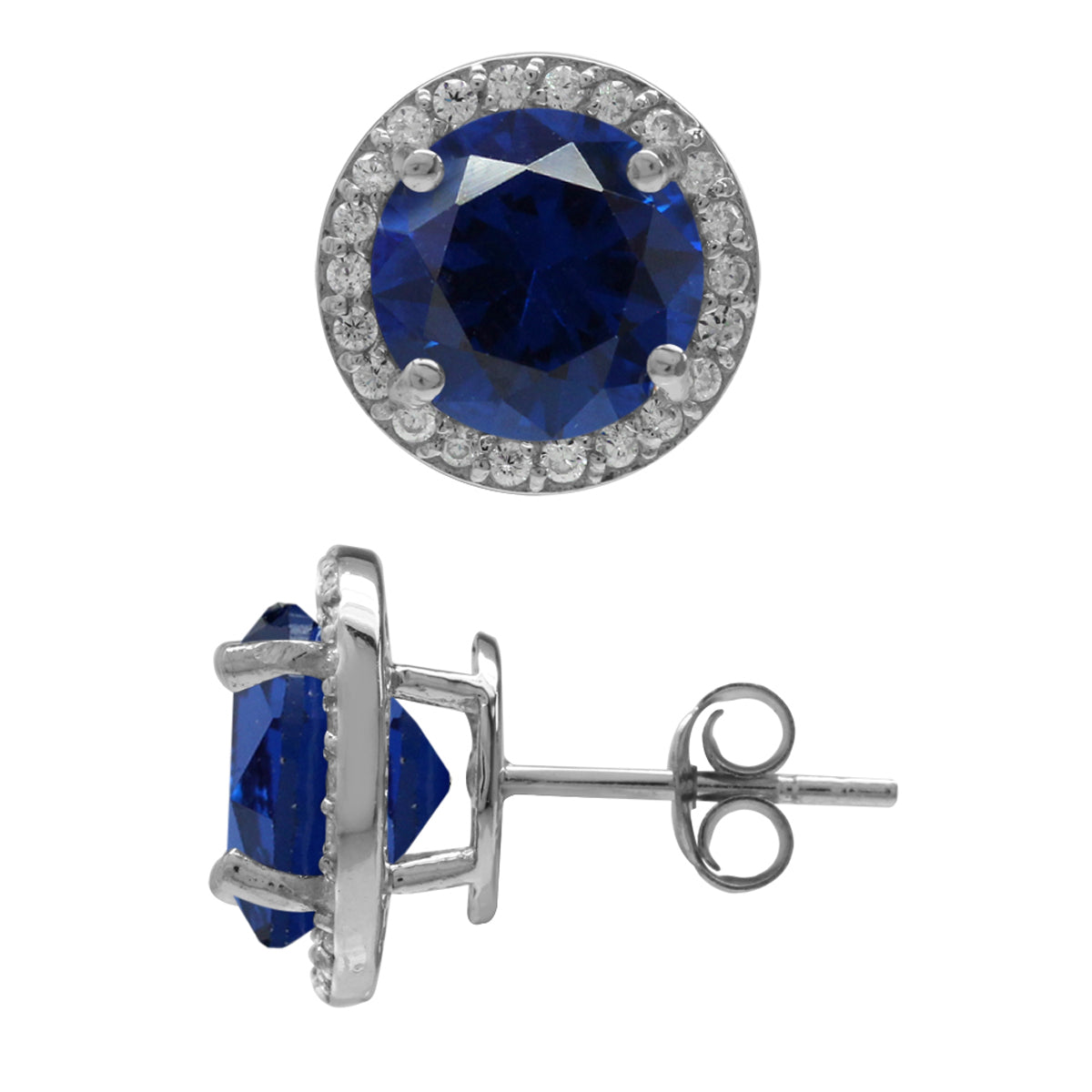 9MM Round Shape Synthetic Sapphire Blue White Gold Plated 925 Sterling Silver Halo Stud Earrings