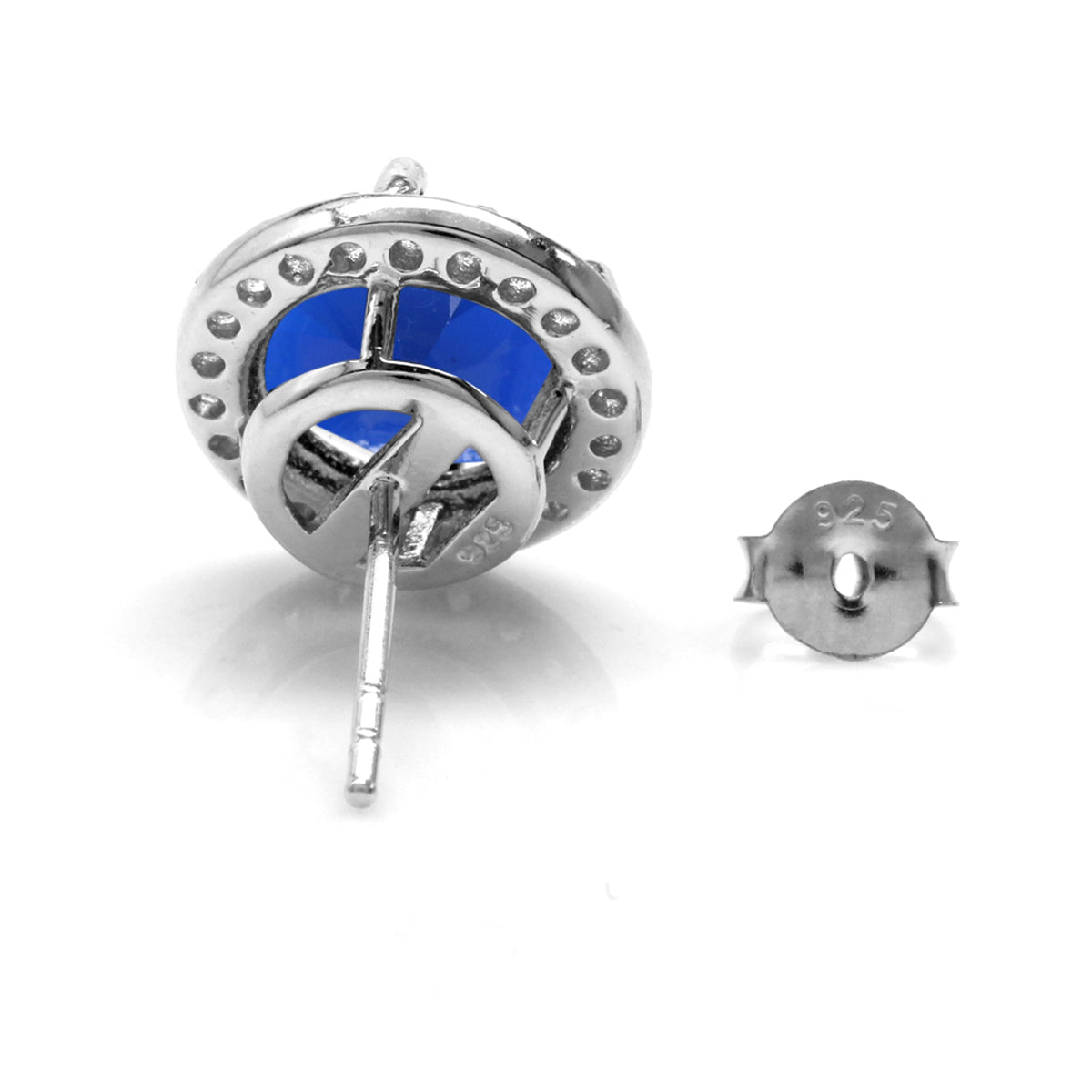 9MM Round Shape Synthetic Sapphire Blue White Gold Plated 925 Sterling Silver Halo Stud Earrings