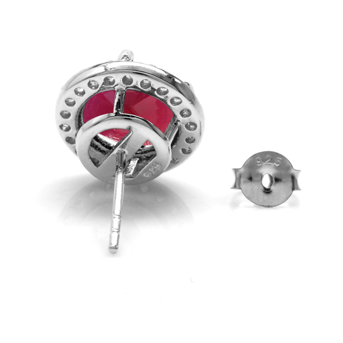 9MM Round Shape Simulated Red Ruby White Gold Plated 925 Sterling Silver Halo Stud Earrings
