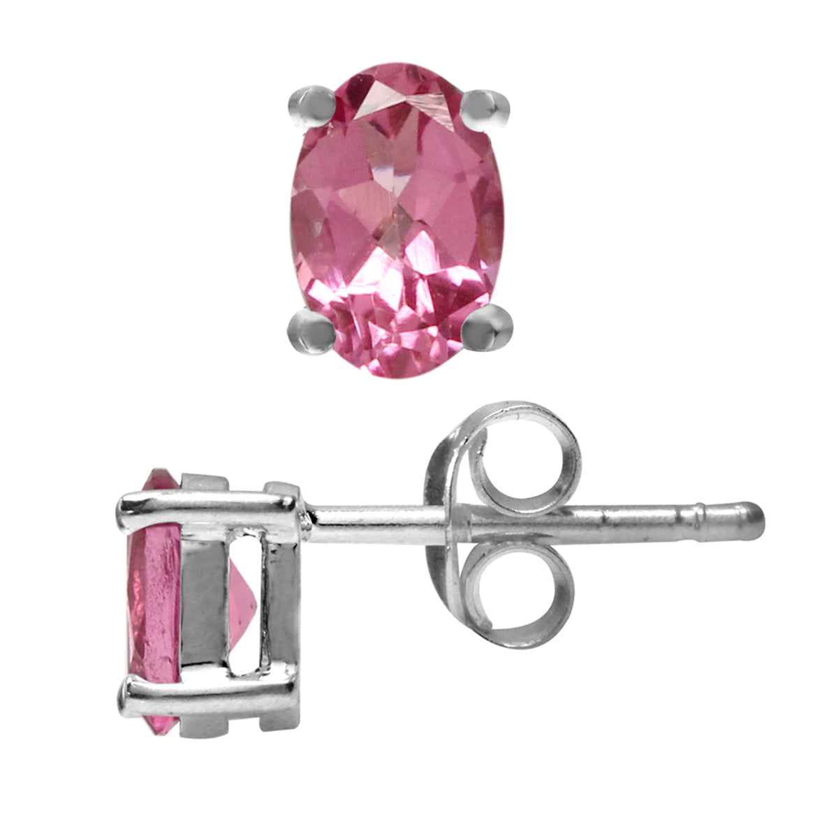 6x4MM Petite Natural Oval Shape Pink Tourmaline White Gold Plated 925 Sterling Silver Stud Earrings