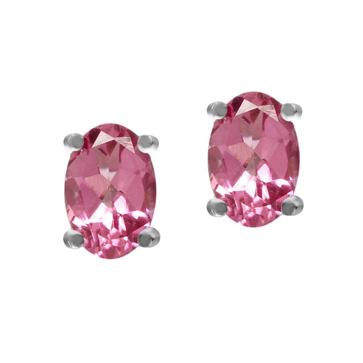 6x4MM Petite Natural Oval Shape Pink Tourmaline White Gold Plated 925 Sterling Silver Stud Earrings