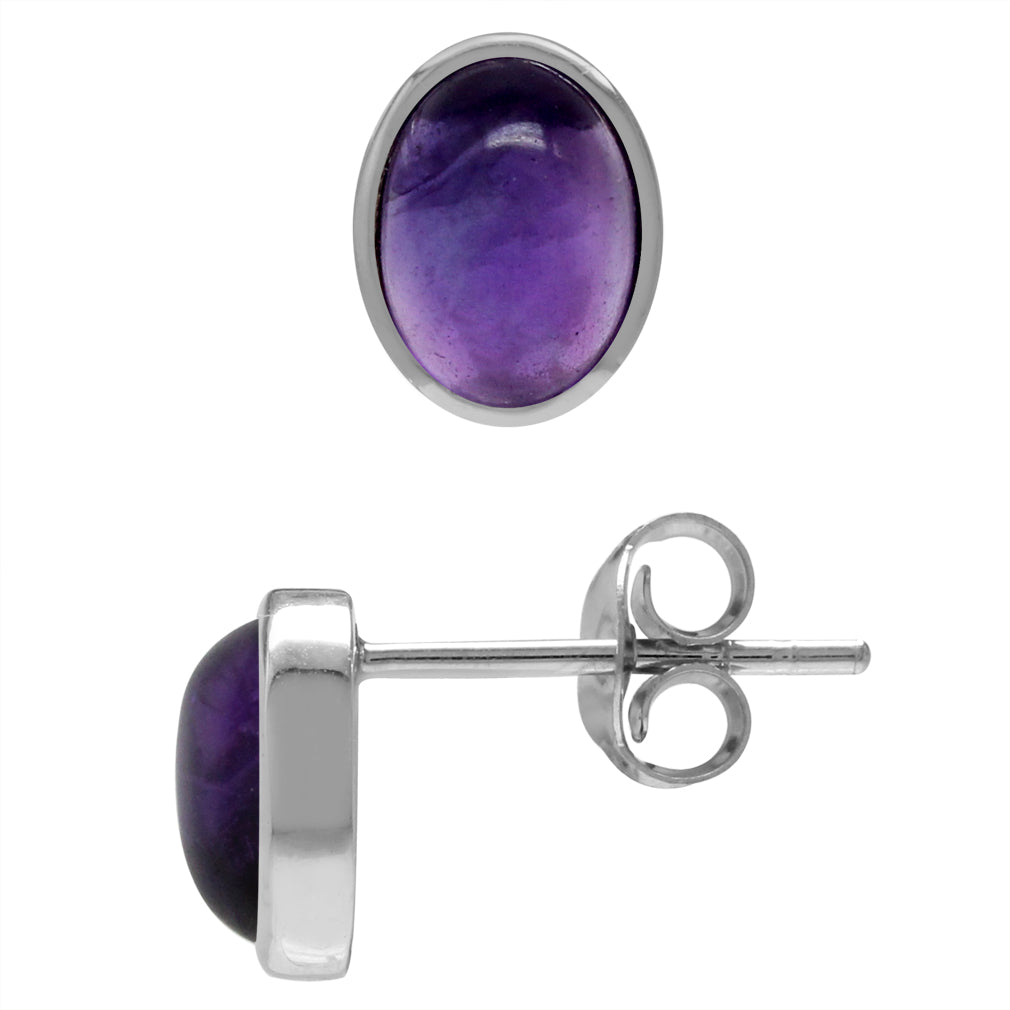 7X5mm Oval Shape Cabochon Amethyst White Gold Plated 925 Sterling Silver Stud Post Earrings - Silvershake-store